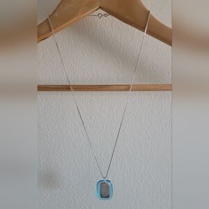Italian sterling silver stamped chain and tag with blue glass pendant necklace